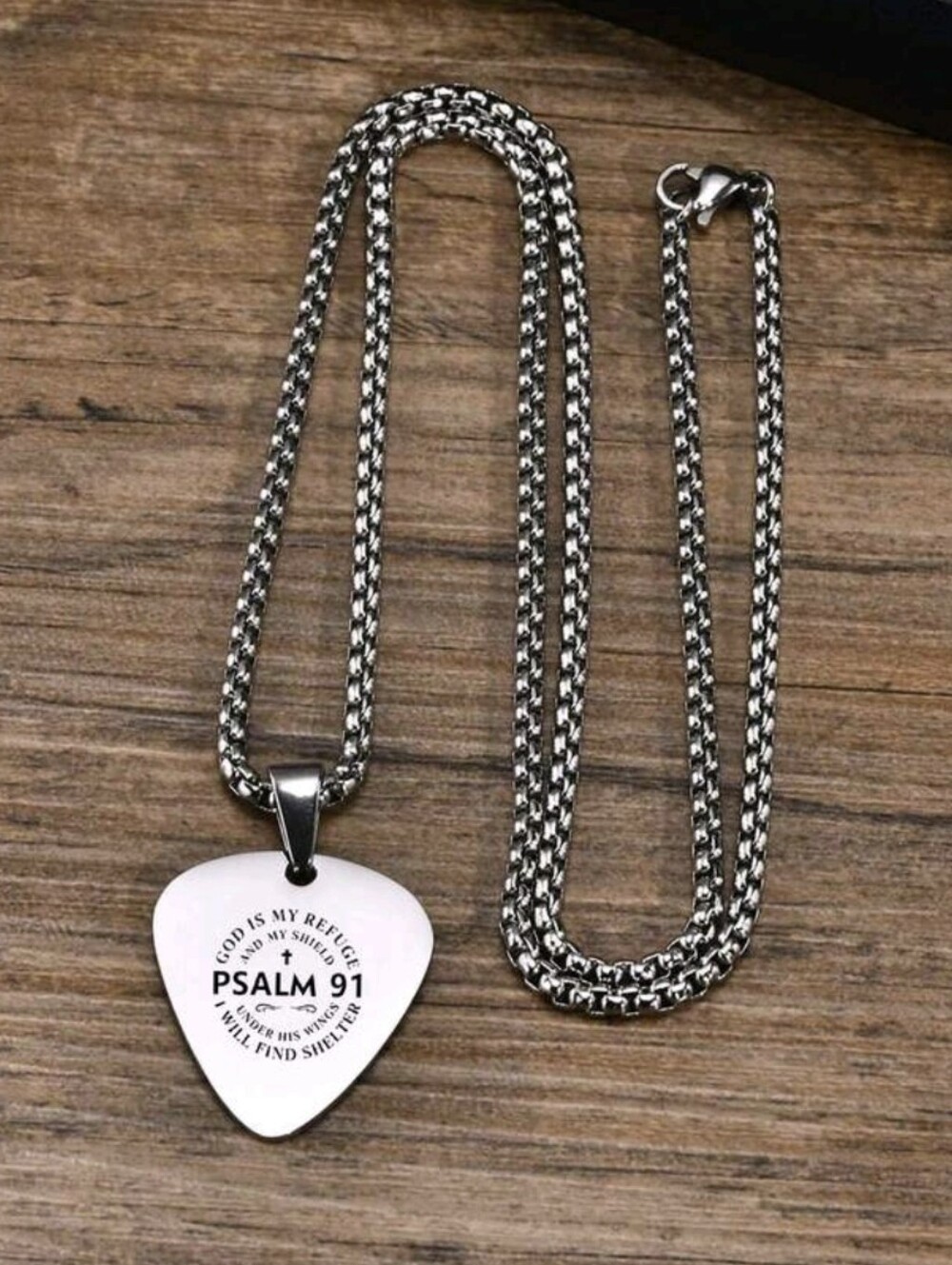 Psalm 91 Stainless Steel Silver Guitar Pick Pendant Necklace